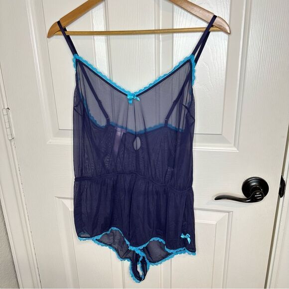 Savage X Fenty Navy Blue Mesh Lace Bow Romper Sz M-L Lingerie Baddie Glam Girly - Picture 1 of 6